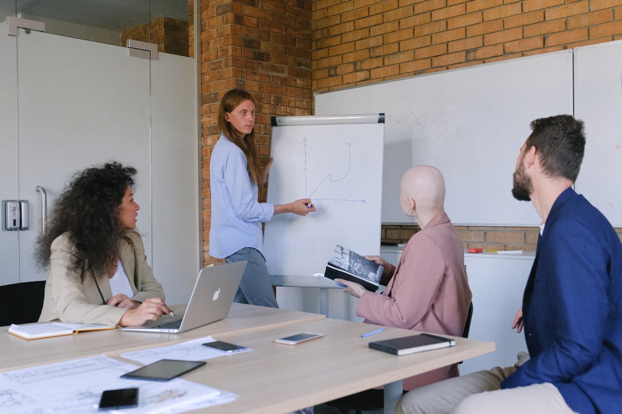 Group of colleagues sitting at table with gadgets and notebook and listening speaker drawing graph on flipchart in modern workspace in daytime